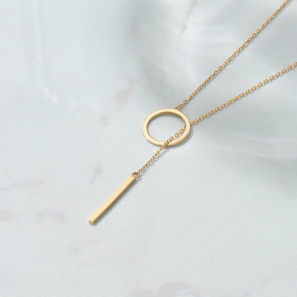 Lariat Bar & Circle Necklace in Gold